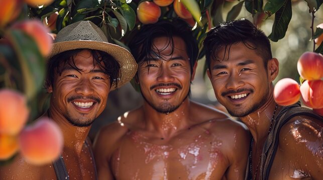 Three happy young Asian men with well-defined abs exchange smiles in a forest filled with ripe pink peaches, captured in a flat cyberpunk American retro painting style.