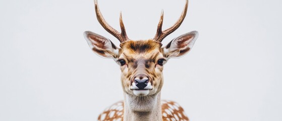 Close up of a spotted deer with antlers on a white background