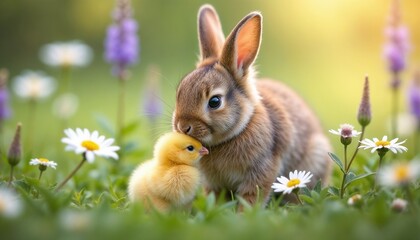 Obraz premium Adorable young rabbit and duckling nestled together in a meadow full of blooming flowers, showcasing inseparable friendship and tranquility in nature. Perfect springtime scene filled with charm and te