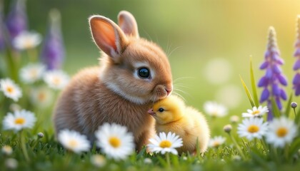 Obraz premium Adorable young rabbit and duckling nestled together in a meadow full of blooming flowers, showcasing inseparable friendship and tranquility in nature. Perfect springtime scene filled with charm and te