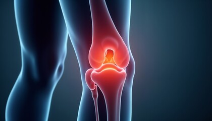 Medical illustration displaying pain in the knee joint, emphasizing human anatomy and inflammation for health and science concepts.

