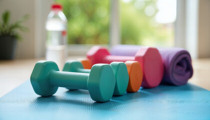 A set of colorful dumbbells neatly arranged on a yoga mat, with a water bottle and towel in the background. Natural lighting for a fresh, energetic vibe
