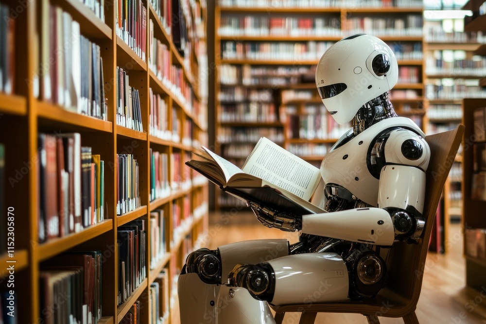 Poster a futuristic robot studying intently from an open book while seated comfortably in a modern library 
