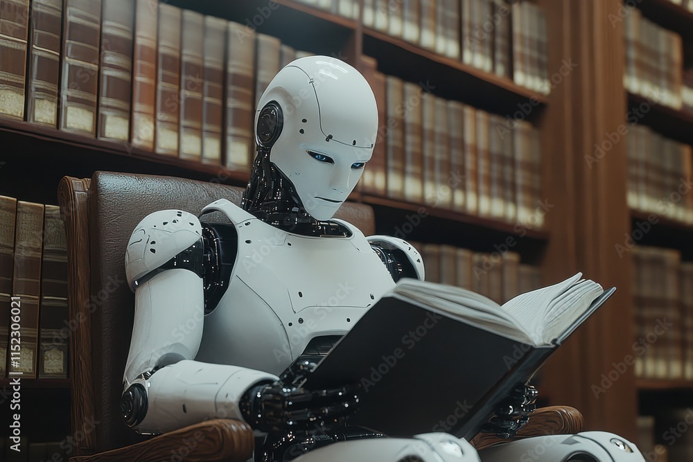 Poster robot sitting on chair in library, engrossed in an open book under overhead lighting, creating a fut