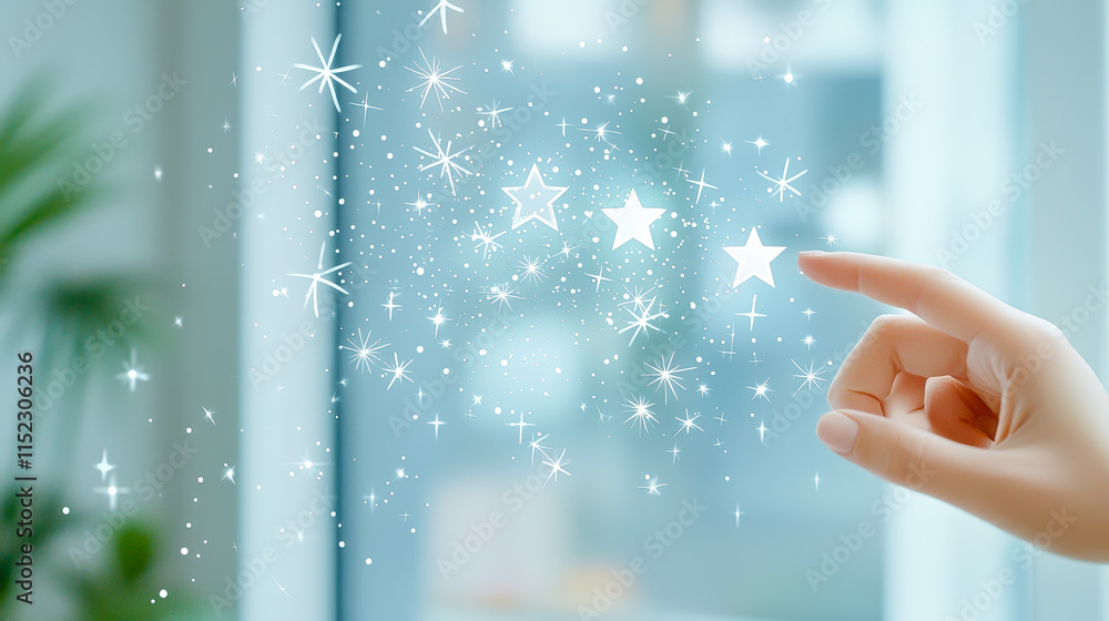 Poster magical fingers create sparkling stars in a bright indoor space during the day