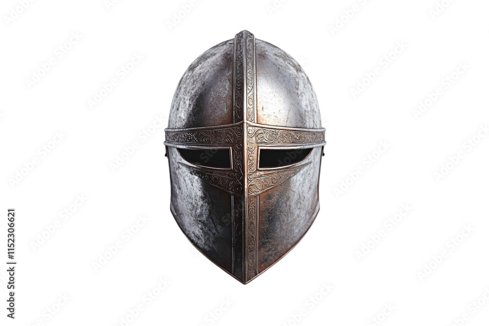 Wall mural Head of a medieval knight's helmet with intricate designs captured against a transparent background showcasing craftsmanship and historical significance from a bygone era