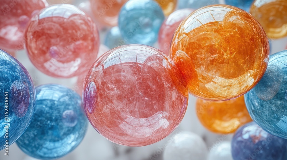 Poster colorful translucent spheres clustered together, showing internal swirling patterns and reflections.