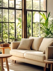 Modern Living Room with Large Windows and Plants, Natural Light Flooding In.