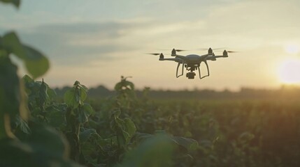 Drone Flying Over Field at Sunset in Soft Light