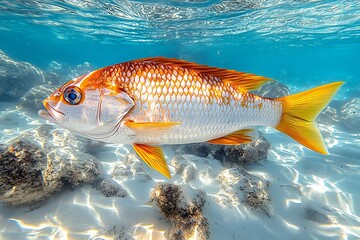 Naklejka premium Vivid Orange And White Fish Swims Underwater