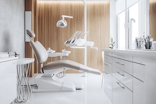 A modern dental office with a sleek, minimalist design. The room features a comfortable waiting area with a soft chair - Powered by Adobe