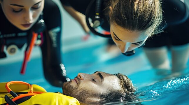 Scuba Diving rescue course surface skills checking for breathing of an unconscious diver - Powered by Adobe