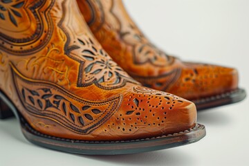 Detailed close-up of beautifully crafted leather cowboy boots showcasing intricate designs and craftsmanship.