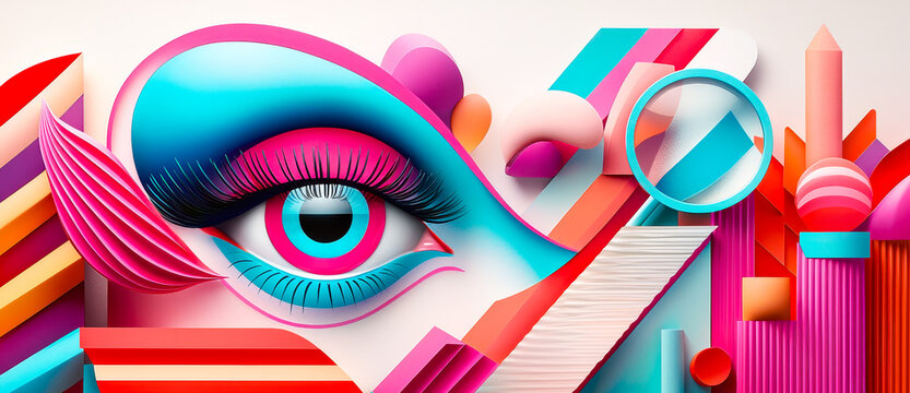 Vibrant illustration featuring an eye amidst abstract shapes and colors for modern art enthusiasts