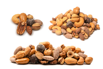 A group of almonds, pistachios, walnuts, macadamia, cashews.