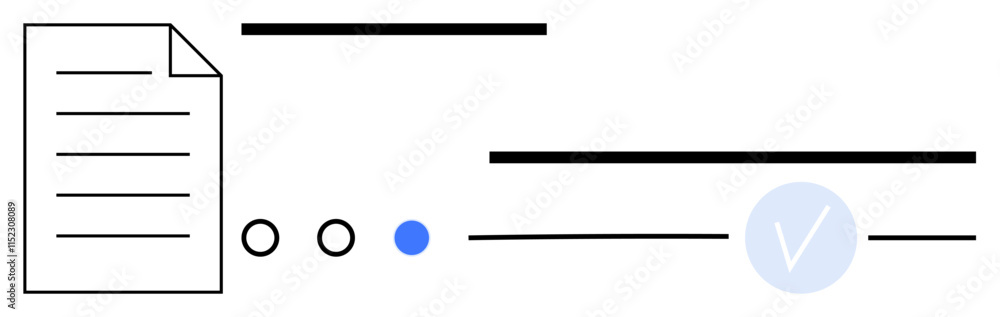 Aufkleber document with text lines, three status dots, blue check mark indicating task completion, various lin