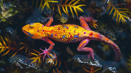  A top view of a salamander  lizard in herbs