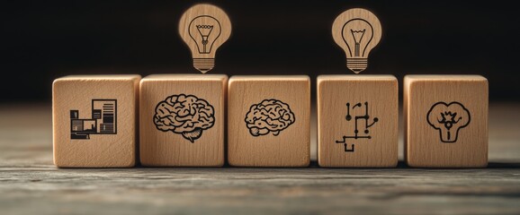 Wooden blocks with icons of the head, brain, and mind on them. On one side, there is an icon symbolizing emotional intelligence and mental health, and on another side, two symbols representing artific