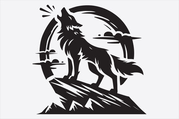 A stylized black and white silhouette of a wolf howling.