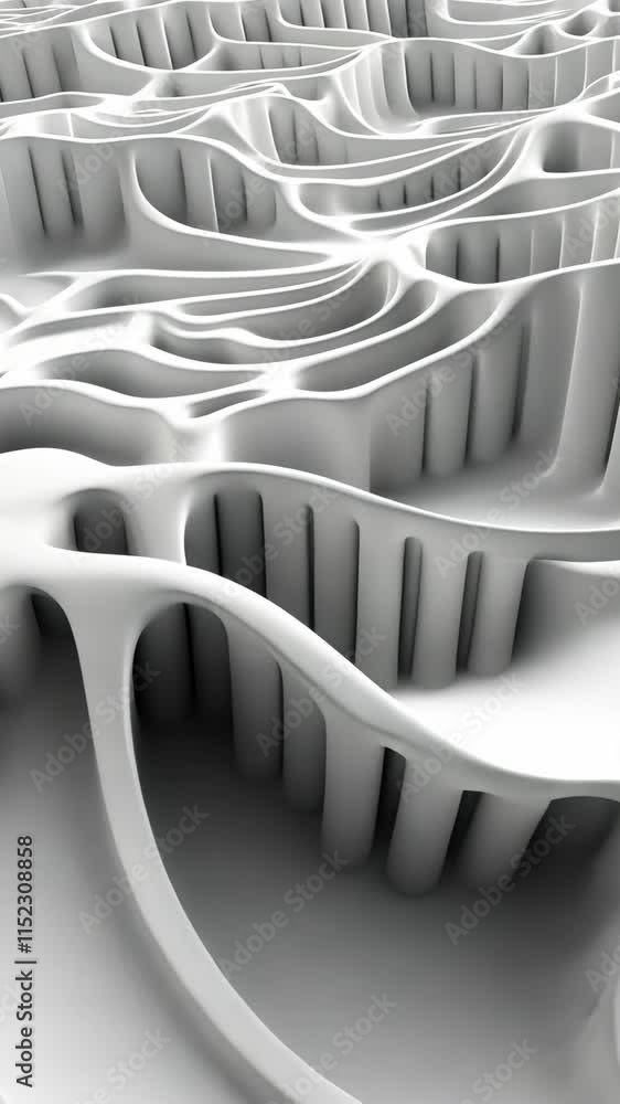 Poster abstract design of intricate white structures resembling waves or undulating forms in a contemporary