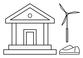Traditional building, wind turbine, and electric car outline symbolizing green energy integration. Ideal for sustainability, renewable energy, eco-friendly transport, environmental policies, modern