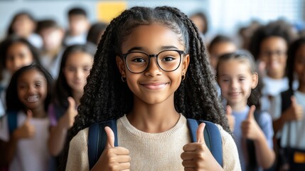 Confident Schoolgirl Giving Thumbs Up Surrounded by Diverse Classmates in School Corridor