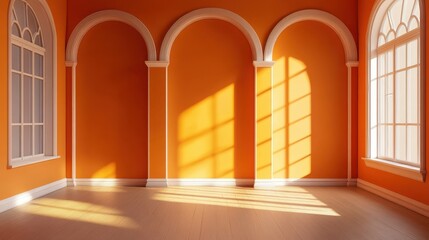 Fototapeta premium Empty classic orange living room with arched wall openings and sunlight casting shadows