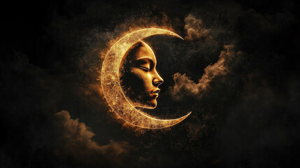 Fototapeta premium Golden crescent moon with a serene face surrounded by dark clouds at night