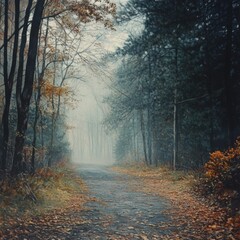 foggy road through autumn forest