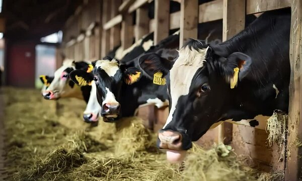 Cows feeding on hay inside a barn on a rural farm