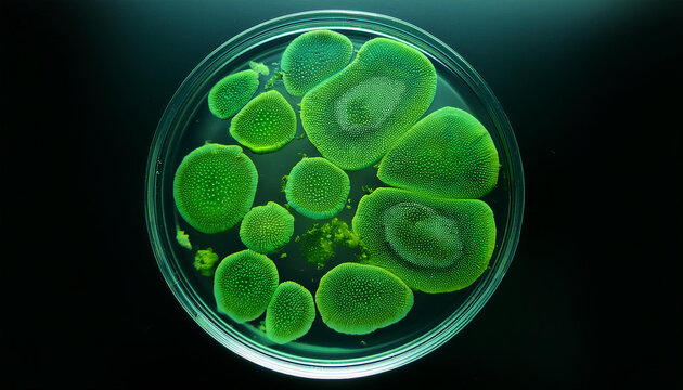 Microscopic view of green cells on round glass. Science, laboratory research. Macro shot. Top view.