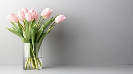 Obraz premium Soft pink tulips stand elegantly in a transparent glass vase, showcasing their vibrant colors against a sleek marble background, creating a fresh and inviting atmosphere