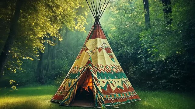 Colorful teepee stands amidst lush green forest, showcasing traditional craftsmanship and nature's beauty