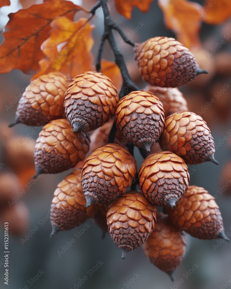 Aufkleber A cluster of acorns hangs from a branch, their intricate textures and warm autumnal hues creating a captivating natural scene.