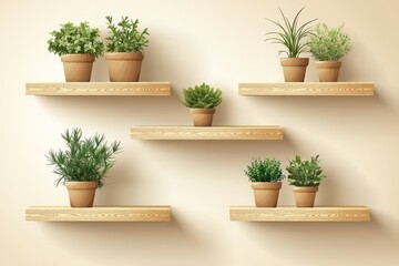 Fototapeta premium A 3D vector illustration with wooden shelves in warm light tones each holding small potted plants The background is soft