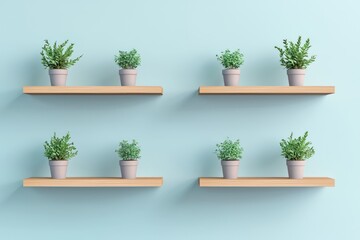 A 3D vector illustration with wooden shelves each holding small potted plants The background is a soft pastel blue creating