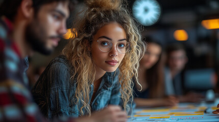 A team collaborating over a task board, with a visible clock in the background.