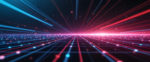 Obraz premium Vibrant grid with light streaks, depth perspective, blue and red colors, futuristic design
