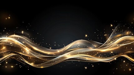Abstract golden wave with glittering light effects flows on a black background, perfect for Women's Day greetings or festive banners