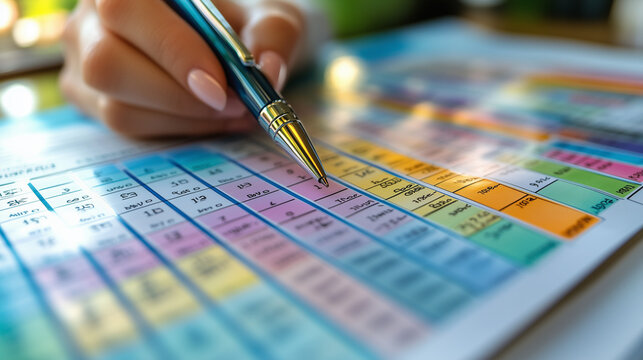 A focused image of a calendar with color-coded tasks, a pen resting on top.
