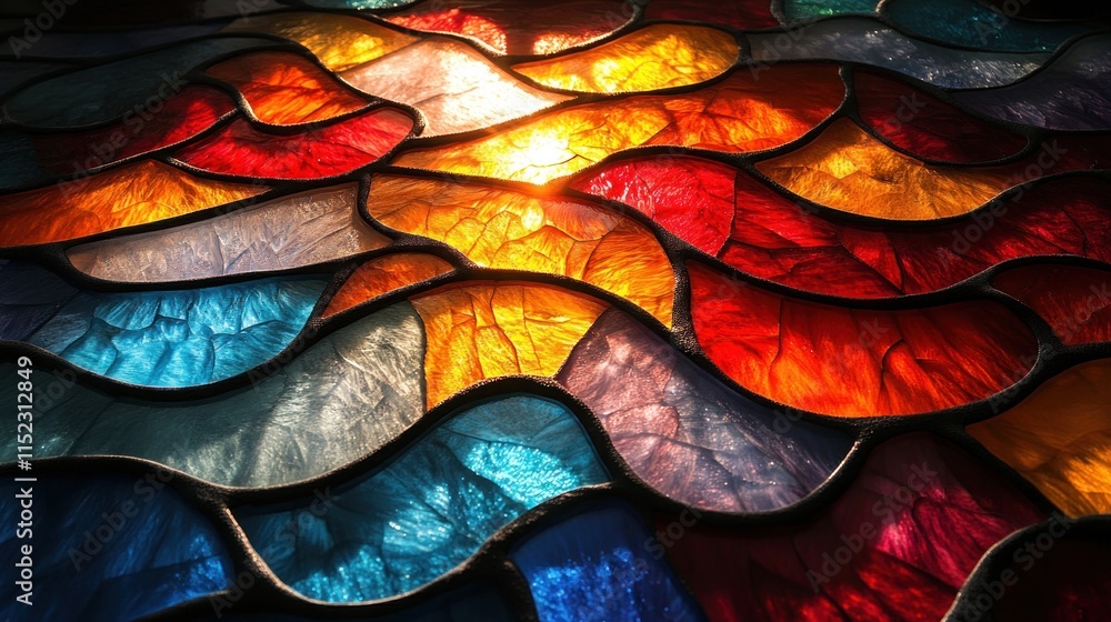 Aufkleber abstract colorful stained glass window with wave pattern and light shining through.