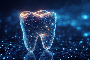 Digital tooth illustration with glowing network of light strings