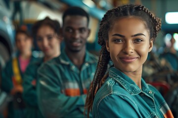 Portrait of diverse technicians confidently working in a workshop environment, showcasing teamwork and skill.