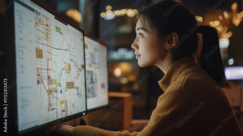 Poster analyzing data trends and insights urban office space digital mapping modern workspace side view tec