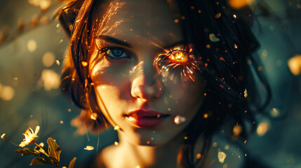 A determined gaze from a woman with one glowing golden eye, amidst soft floral lighting
