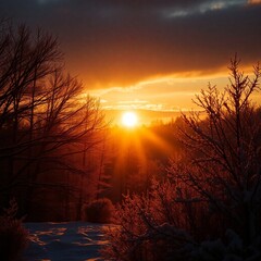 Obraz premium A serene winter view in warm golden light with contrasting chiaroscuro lighting, stock photography style, radiant and luxurious, strong contrasts, deep shadows