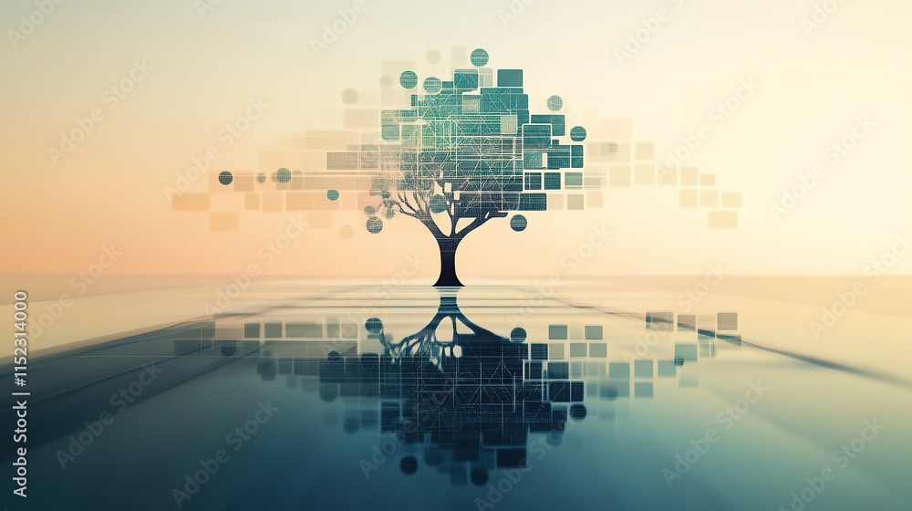Poster clean abstract holographic design of eco-friendly concepts forming tree-like pattern above reflectiv