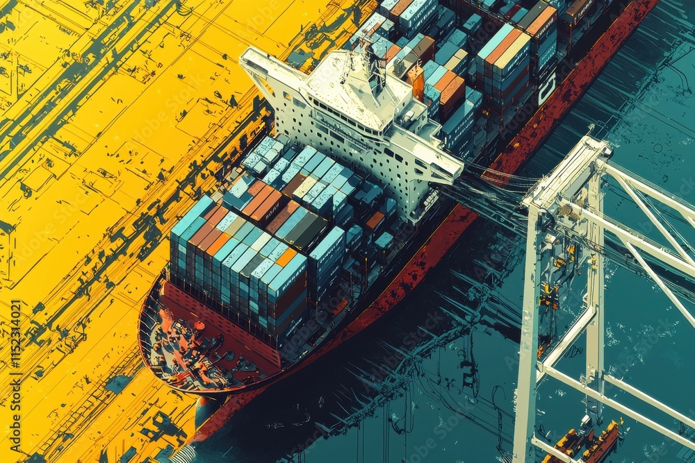 Poster aerial view of a large container ship docked at a busy port
