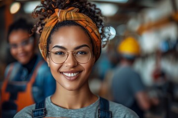 Obraz premium Smiling woman with glasses and a headband in a workshop, showcasing confidence and approachability.