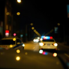 bokeh blue of  Blurred view of police cars on street at night  abstract bokeh light background bright   emotional harmonious vignette 